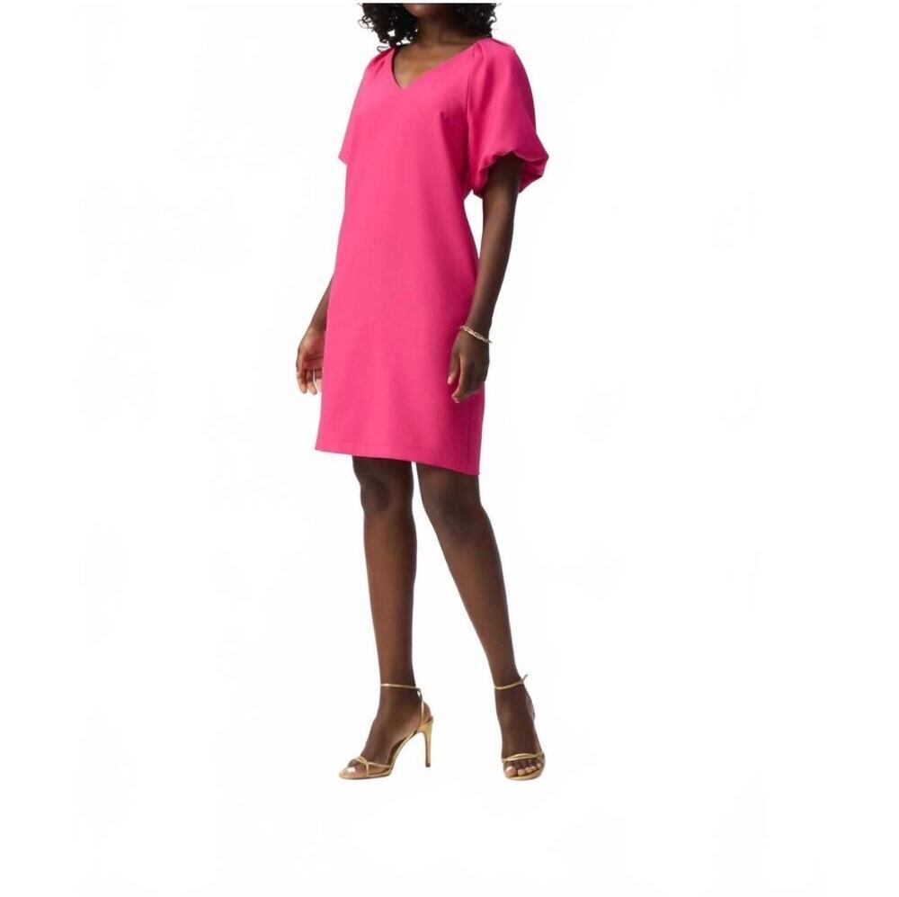 Joseph Ribkoff Lux Twill Puff Sleeve Dress in Geranium pink